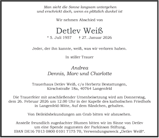 Traueranzeige von Detlev Weiß von Rheinische Post