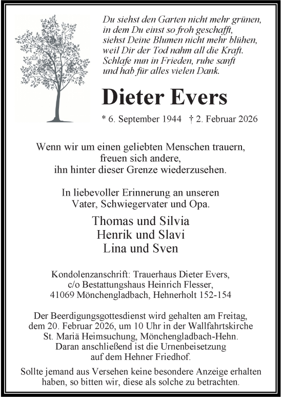Traueranzeige von Dieter Evers von Rheinische Post