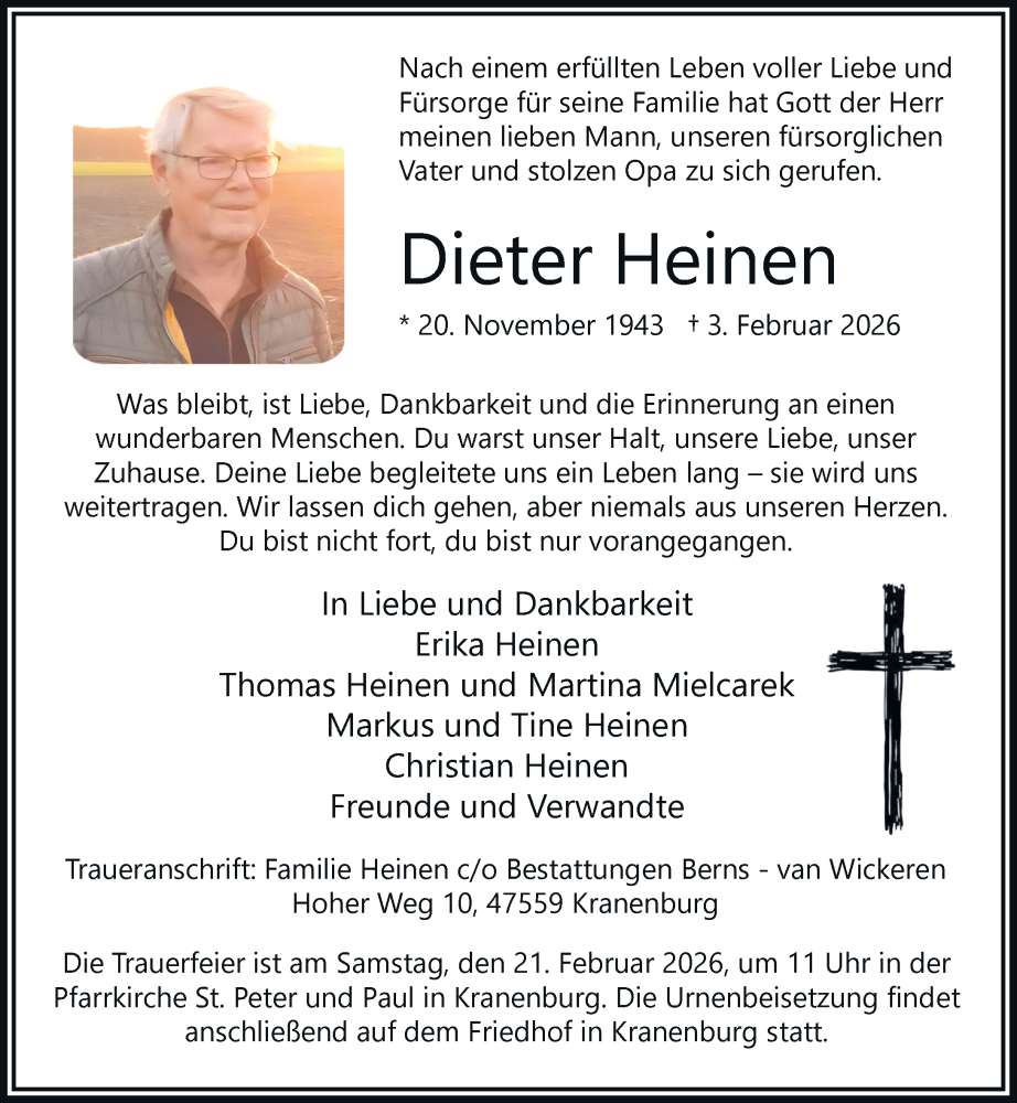  Traueranzeige für Dieter Heinen vom 07.02.2026 aus Rheinische Post