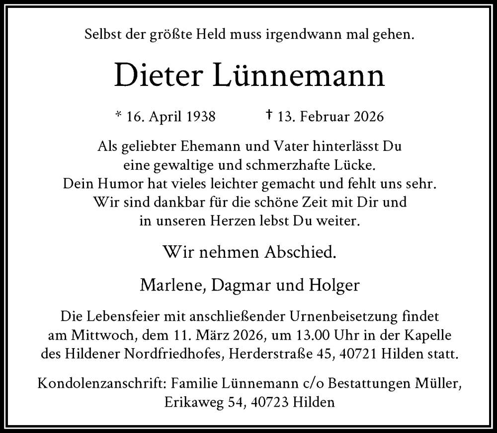  Traueranzeige für Dieter Lünnemann vom 28.02.2026 aus Rheinische Post