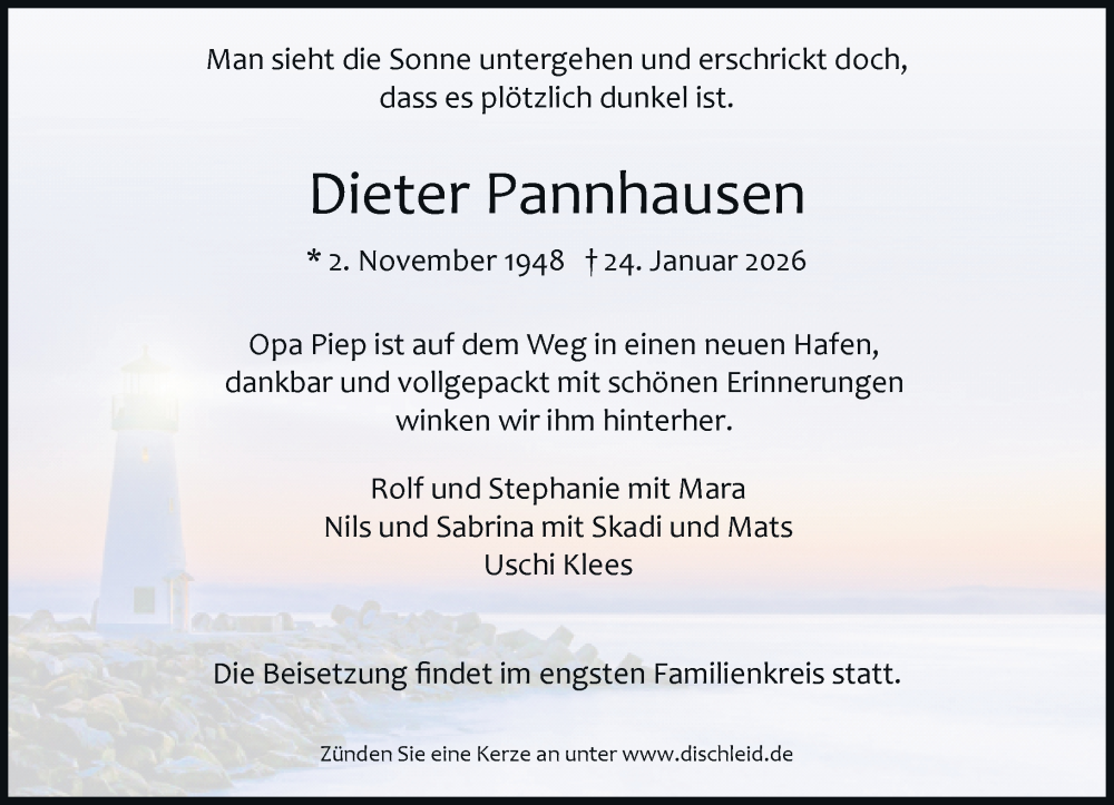  Traueranzeige für Dieter Pannhausen vom 07.02.2026 aus Rheinische Post