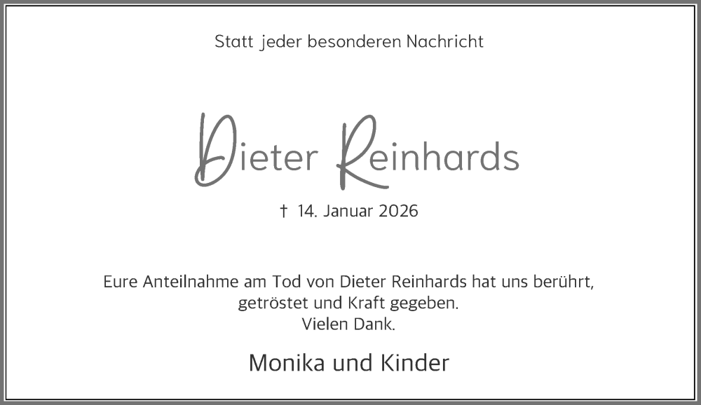  Traueranzeige für Dieter Reinhards vom 07.02.2026 aus Rheinische Post