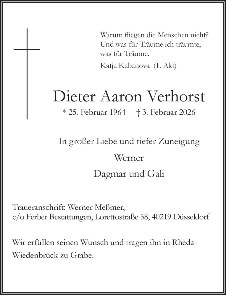  Traueranzeige für Dieter Aaron Verhorst vom 14.02.2026 aus Rheinische Post