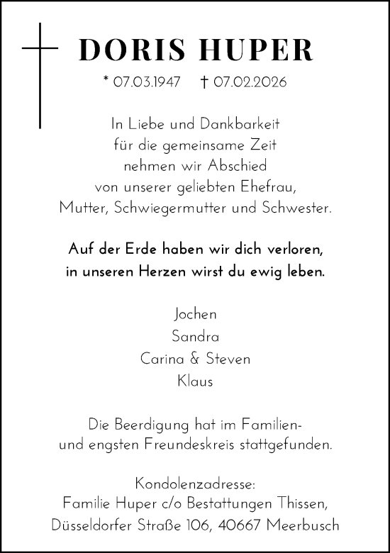 Traueranzeige von Doris Huper von Rheinische Post