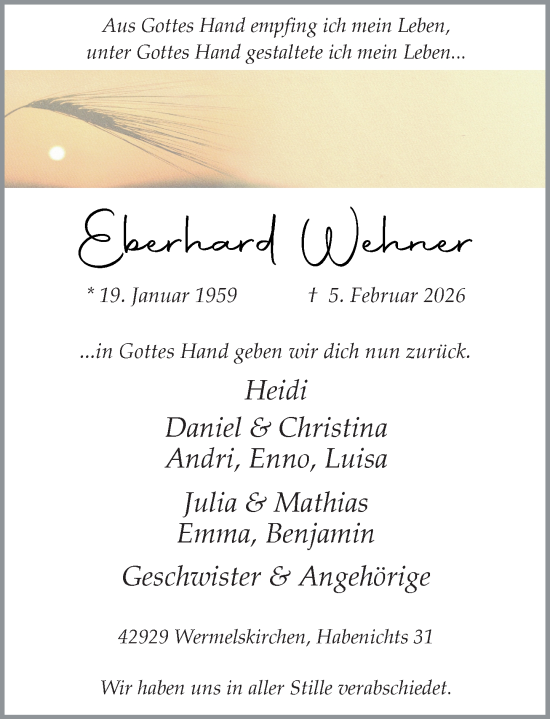 Traueranzeige von Eberhard Wehner von Rheinische Post