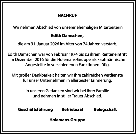 Traueranzeige von Edith Damschen von Rheinische Post