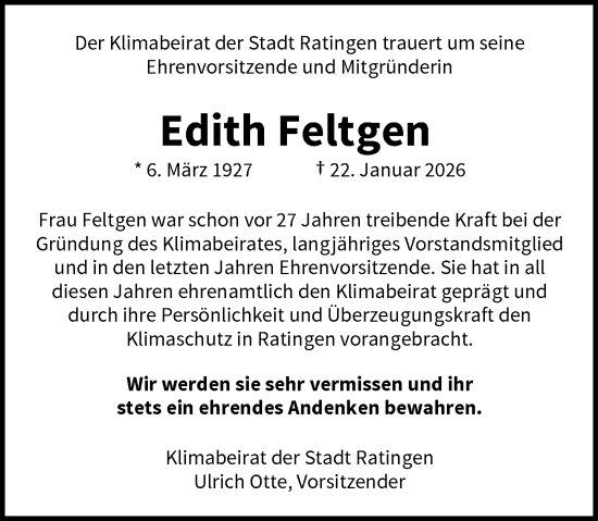 Traueranzeige von Edith Feltgen von Rheinische Post
