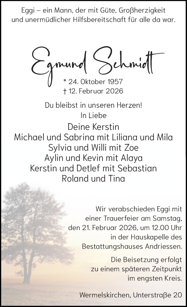  Traueranzeige für Egmund Schmidt vom 18.02.2026 aus Rheinische Post