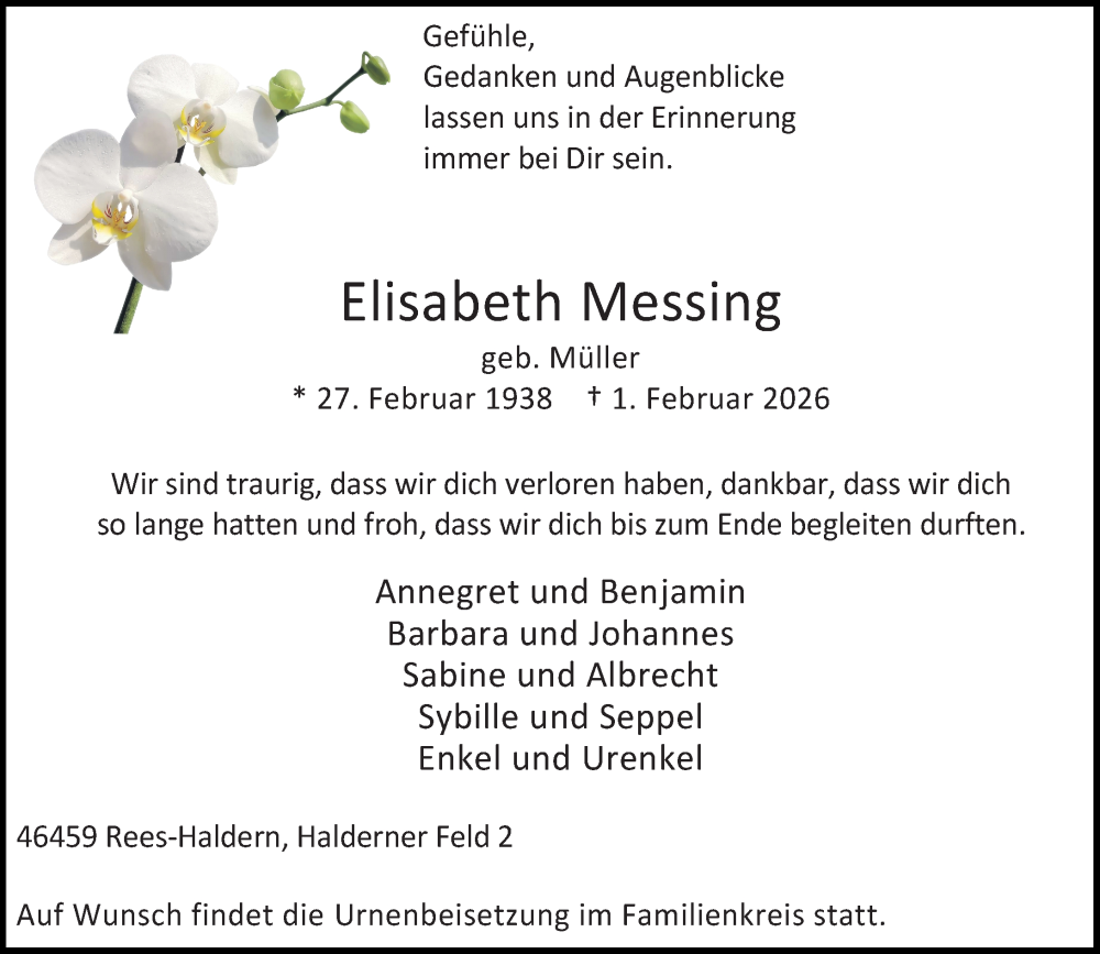  Traueranzeige für Elisabeth Messing vom 09.02.2026 aus Rheinische Post