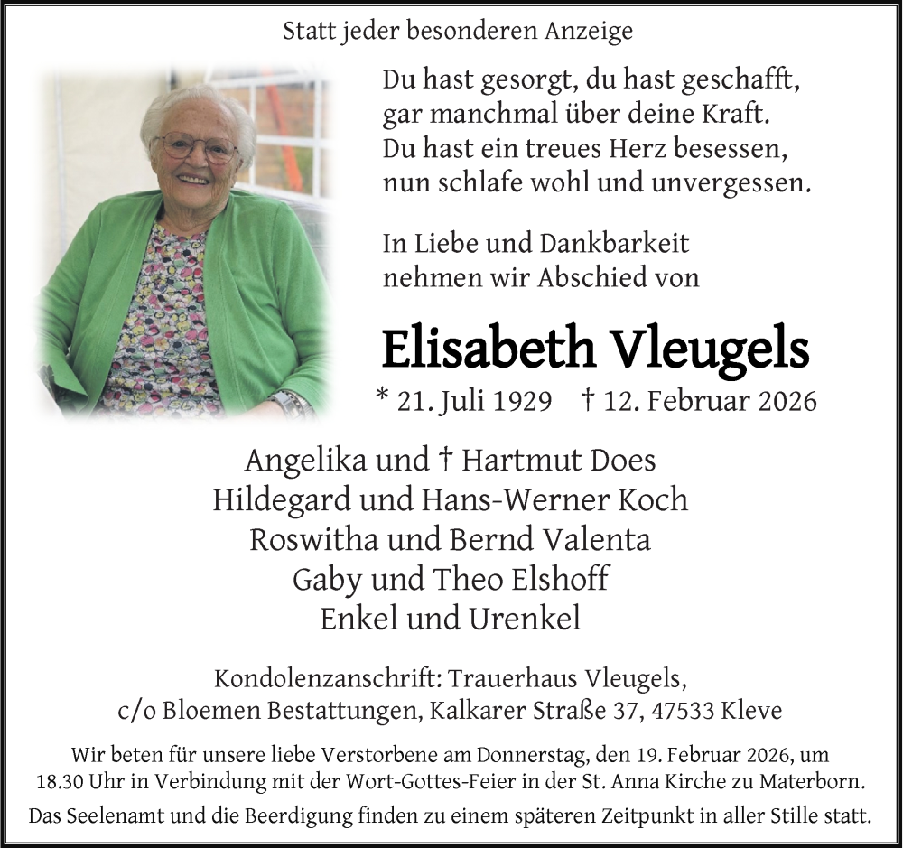  Traueranzeige für Elisabeth Vleugels vom 14.02.2026 aus Rheinische Post
