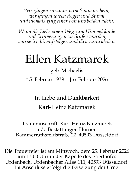 Traueranzeige von Ellen Katzmarek von Rheinische Post