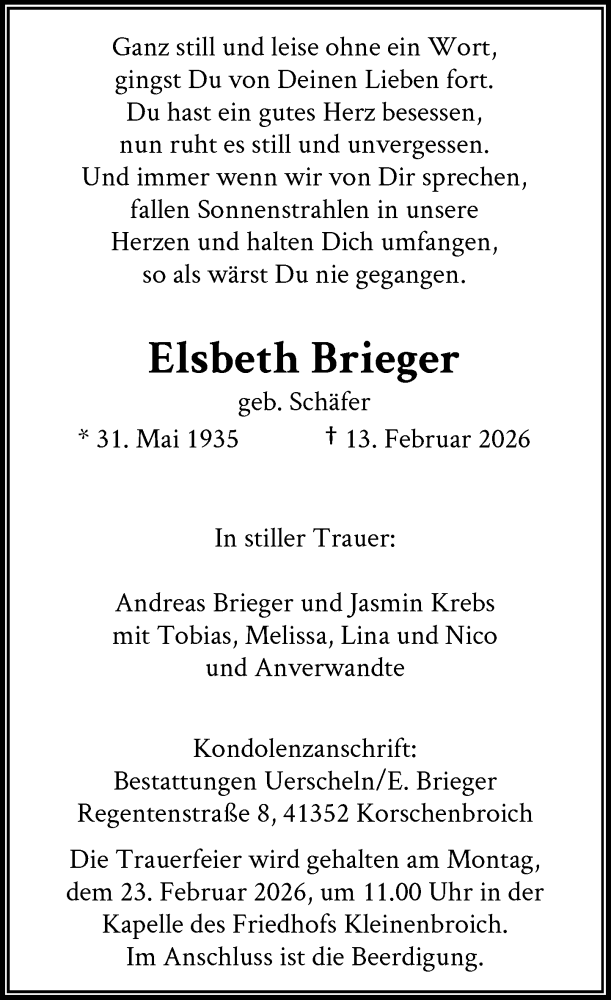  Traueranzeige für Elsbeth Brieger vom 21.02.2026 aus Rheinische Post