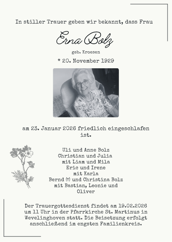 Traueranzeige von Erna Bolz von Rheinische Post