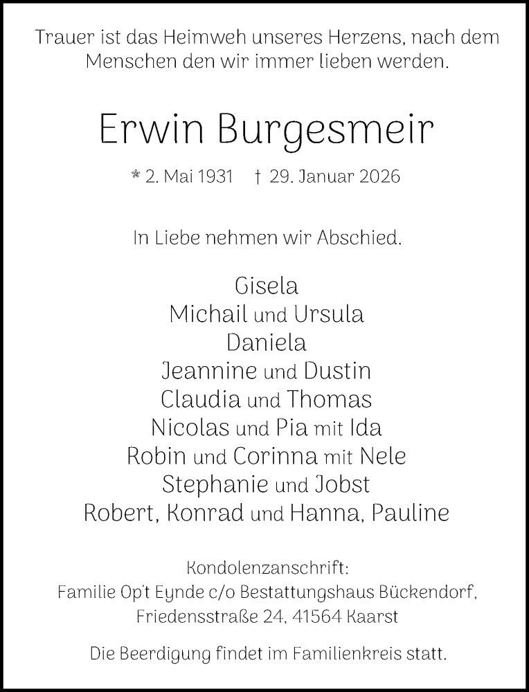  Traueranzeige für Erwin Burgesmeir vom 07.02.2026 aus Rheinische Post