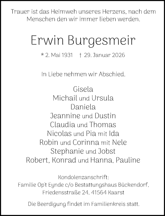 Traueranzeige von Erwin Burgesmeir von Rheinische Post