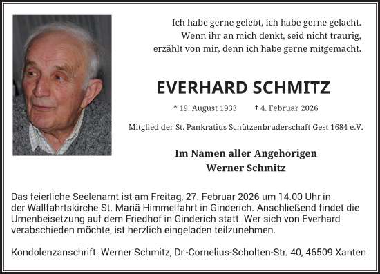 Traueranzeige von Everhard Schmitz von Rheinische Post
