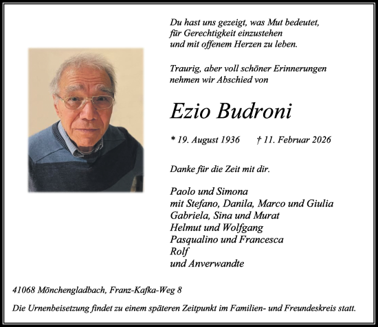 Traueranzeige von Ezio Budroni von Rheinische Post