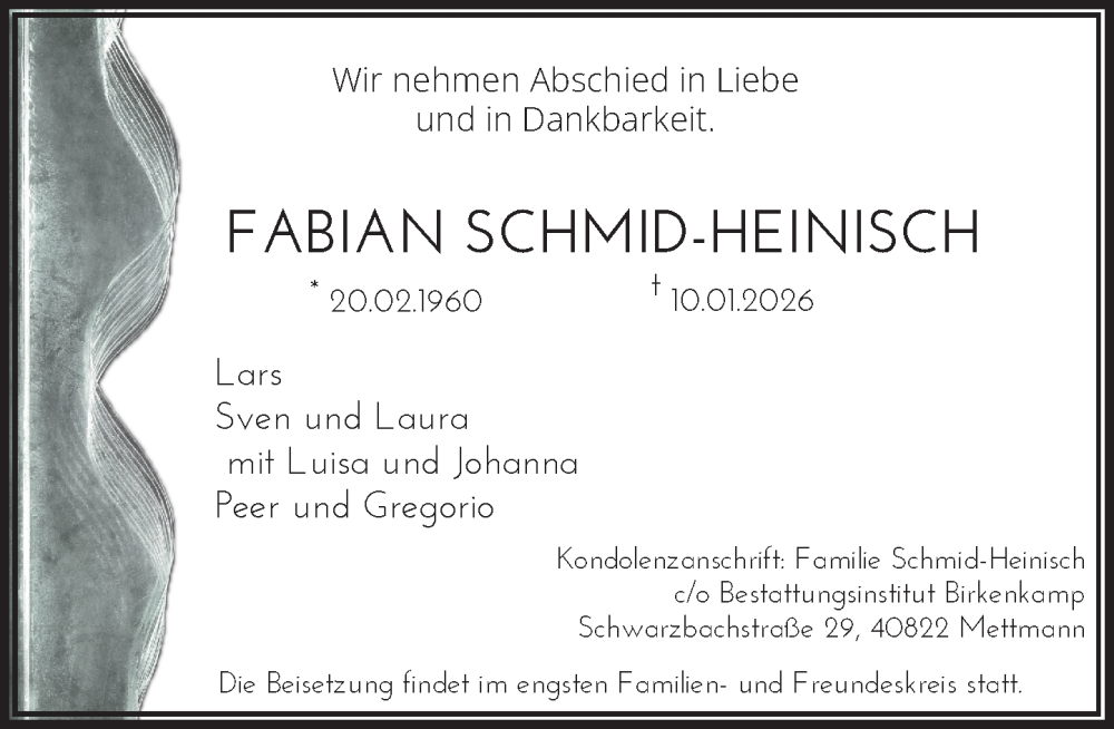  Traueranzeige für Fabian Schmid-Heinisch vom 18.02.2026 aus Rheinische Post