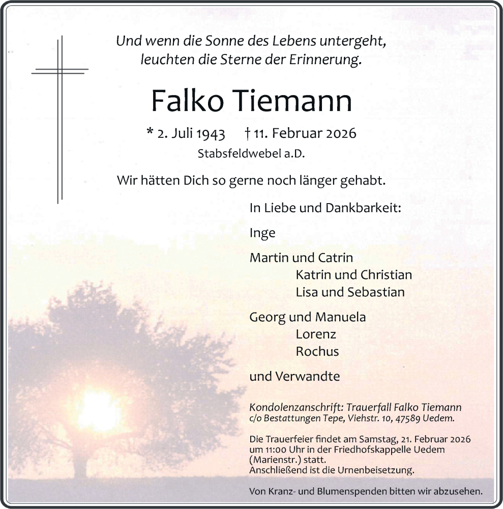  Traueranzeige für Falko Tiemann vom 14.02.2026 aus Rheinische Post