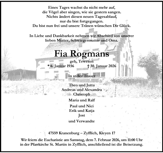 Traueranzeige von Fia Rogmans von Rheinische Post