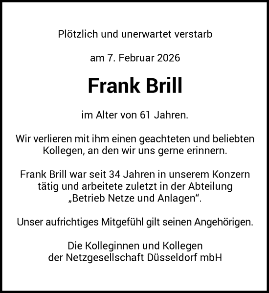 Traueranzeige von Frank Brill von Rheinische Post