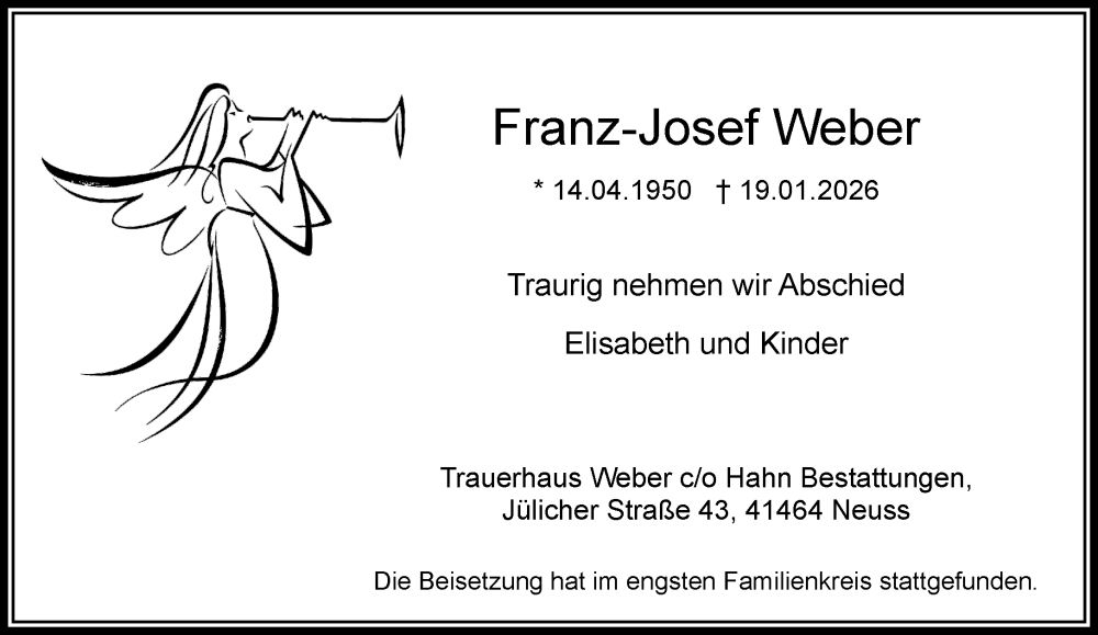  Traueranzeige für Franz-Josef Weber vom 07.02.2026 aus Rheinische Post