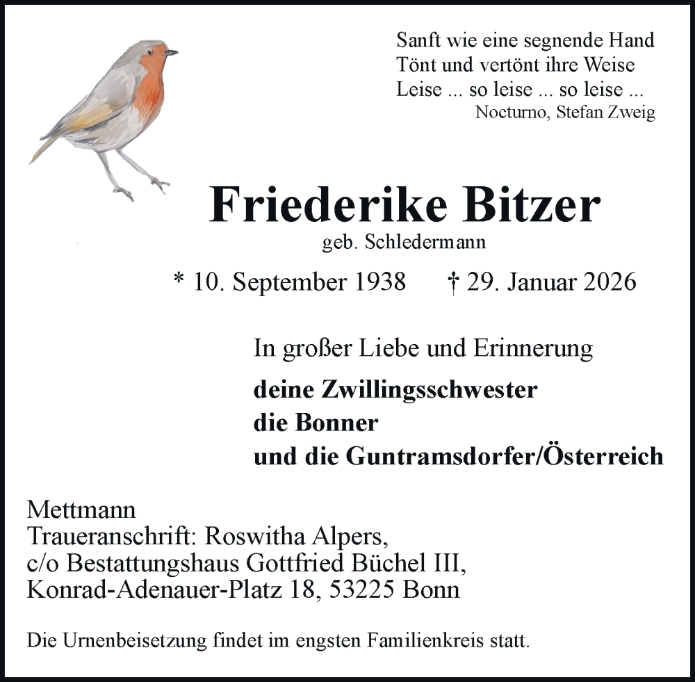  Traueranzeige für Friederike Bitzer vom 07.02.2026 aus Rheinische Post