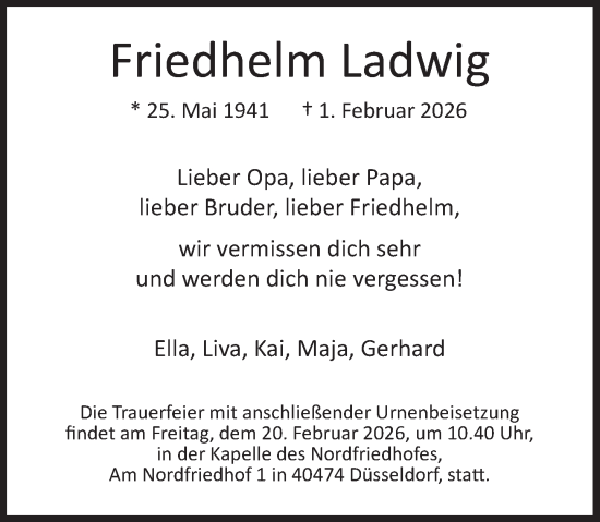 Traueranzeige von Friedhelm Ladwig von Rheinische Post