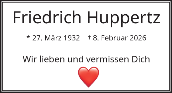 Traueranzeige von Friedrich Huppertz von Rheinische Post