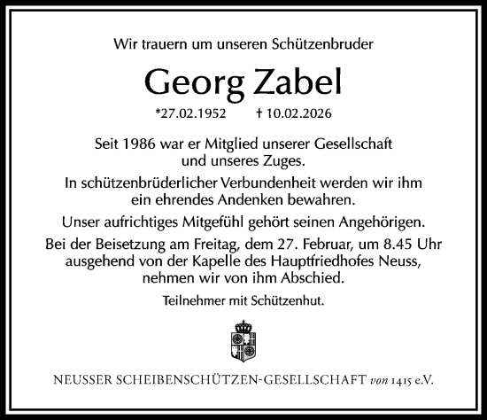 Traueranzeige von Georg Zabel von Rheinische Post