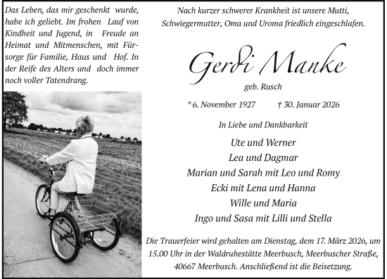 Traueranzeige von Gerdi Manke von Rheinische Post