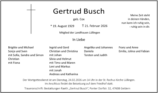 Traueranzeige von Gertrud Busch von Rheinische Post