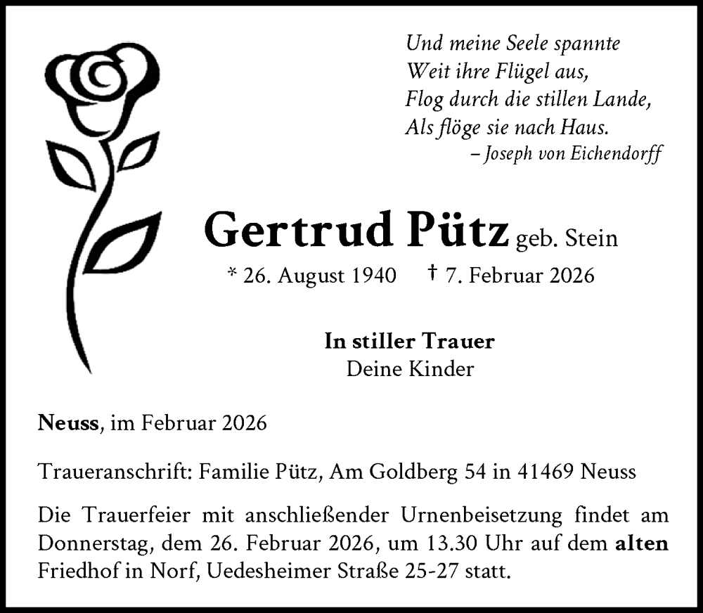  Traueranzeige für Gertrud Pütz vom 21.02.2026 aus Rheinische Post