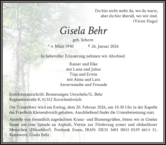 Traueranzeige von Gisela Behr von Rheinische Post