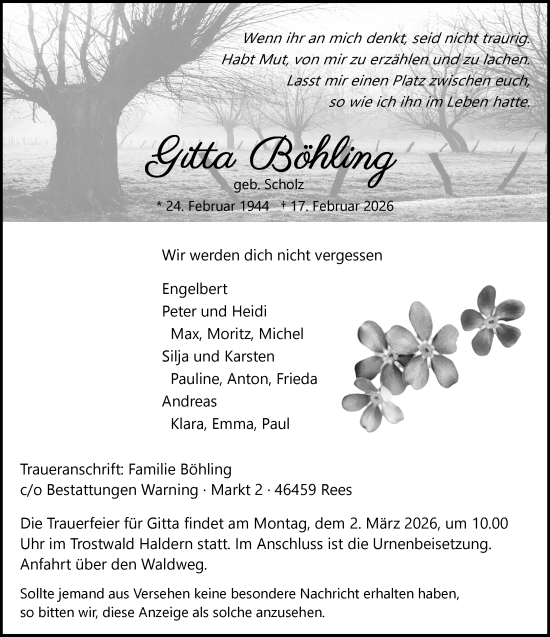 Traueranzeige von Gitta Böhling von Rheinische Post