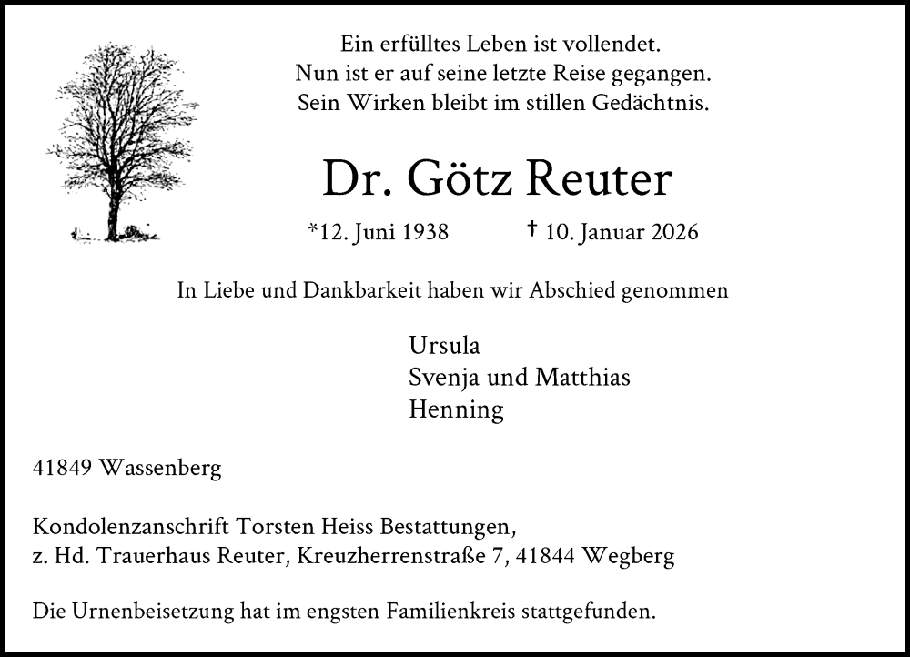  Traueranzeige für Götz Reuter vom 07.02.2026 aus Rheinische Post