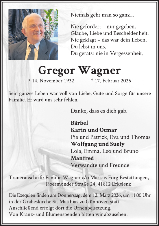 Traueranzeige von Gregor Wagner von Rheinische Post