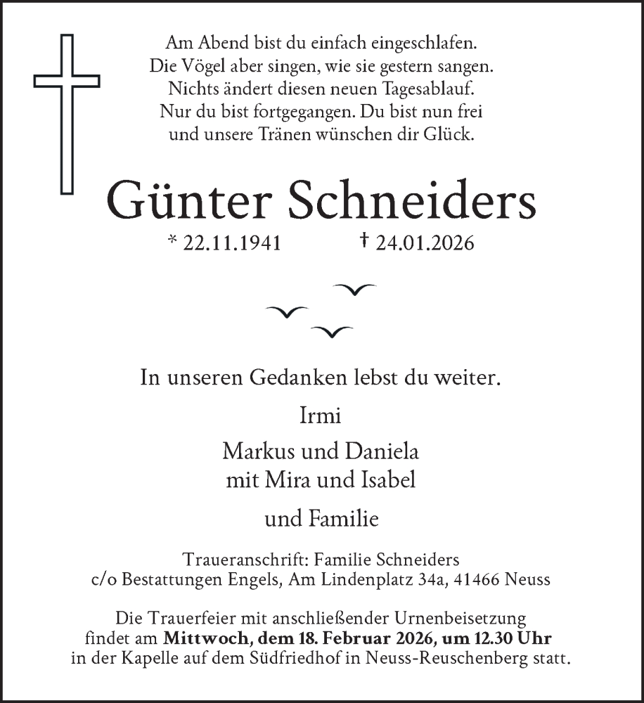  Traueranzeige für Günter Schneiders vom 07.02.2026 aus Rheinische Post
