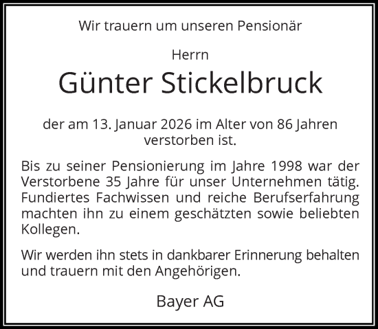 Traueranzeige von Günter Stickelbruck von Rheinische Post