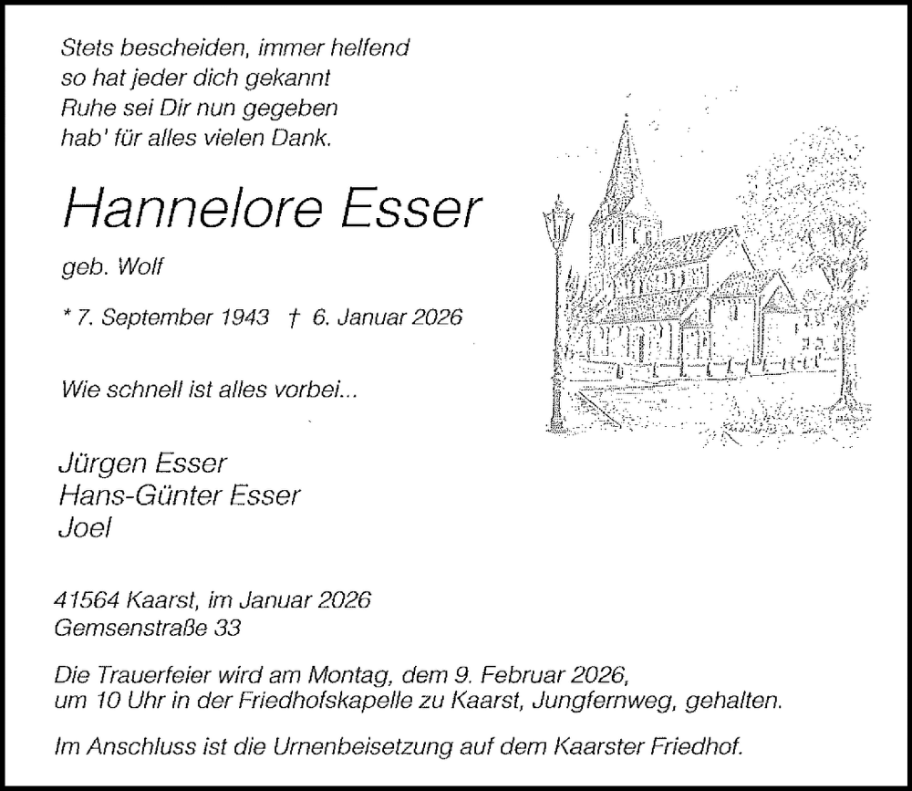  Traueranzeige für Hannelore Esser vom 04.02.2026 aus Rheinische Post