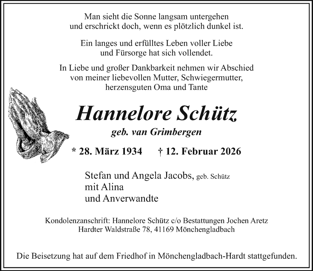  Traueranzeige für Hannelore Schütz vom 21.02.2026 aus Rheinische Post