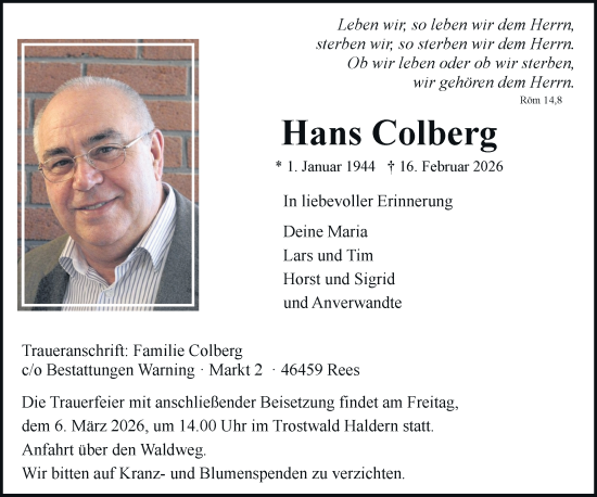 Traueranzeige von Hans Colberg von Rheinische Post