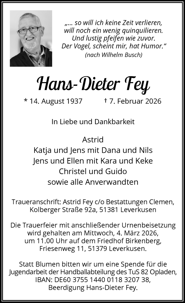  Traueranzeige für Hans-Dieter Fey vom 21.02.2026 aus Rheinische Post