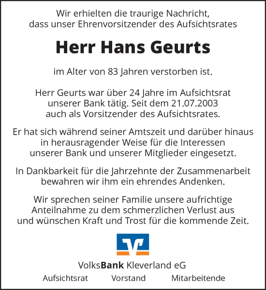 Traueranzeige von Hans Geurts von Rheinische Post