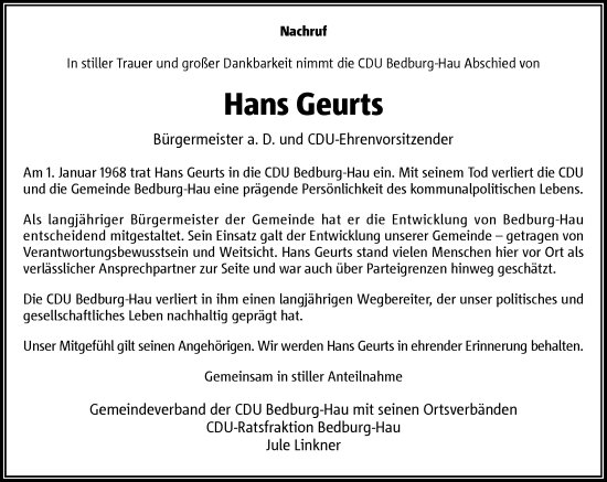 Traueranzeige von Hans Geurts von Rheinische Post