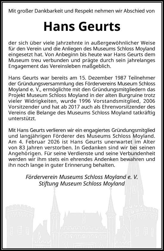 Traueranzeige von Hans Geurts von Rheinische Post