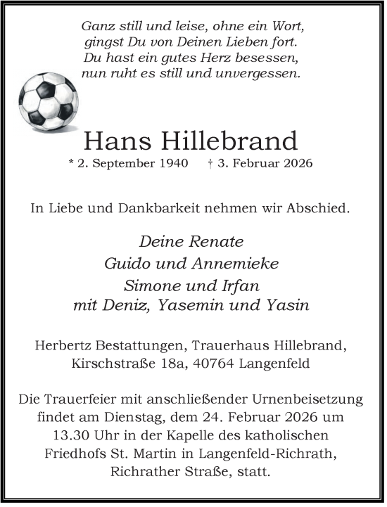 Traueranzeige von Hans Hillebrand von Rheinische Post