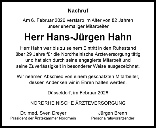 Traueranzeige von Hans-Jürgen Hahn von Rheinische Post