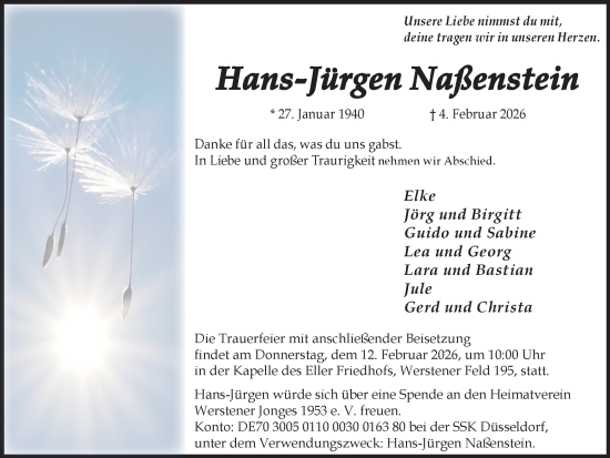 Traueranzeige von Hans-Jürgen Naßenstein von Rheinische Post