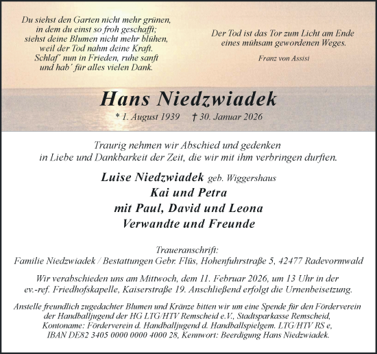 Traueranzeige von Hans Niedzwiadek von Rheinische Post